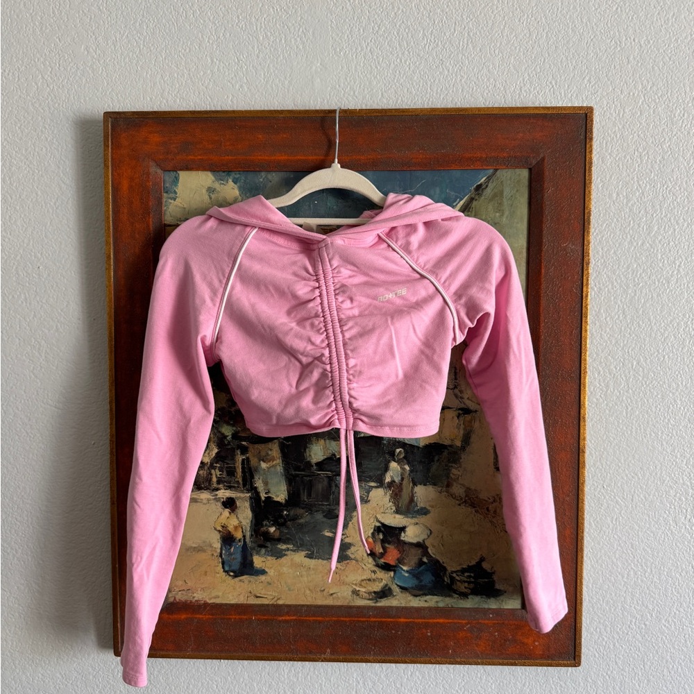 Pink Ruched Hoodie Crop Top